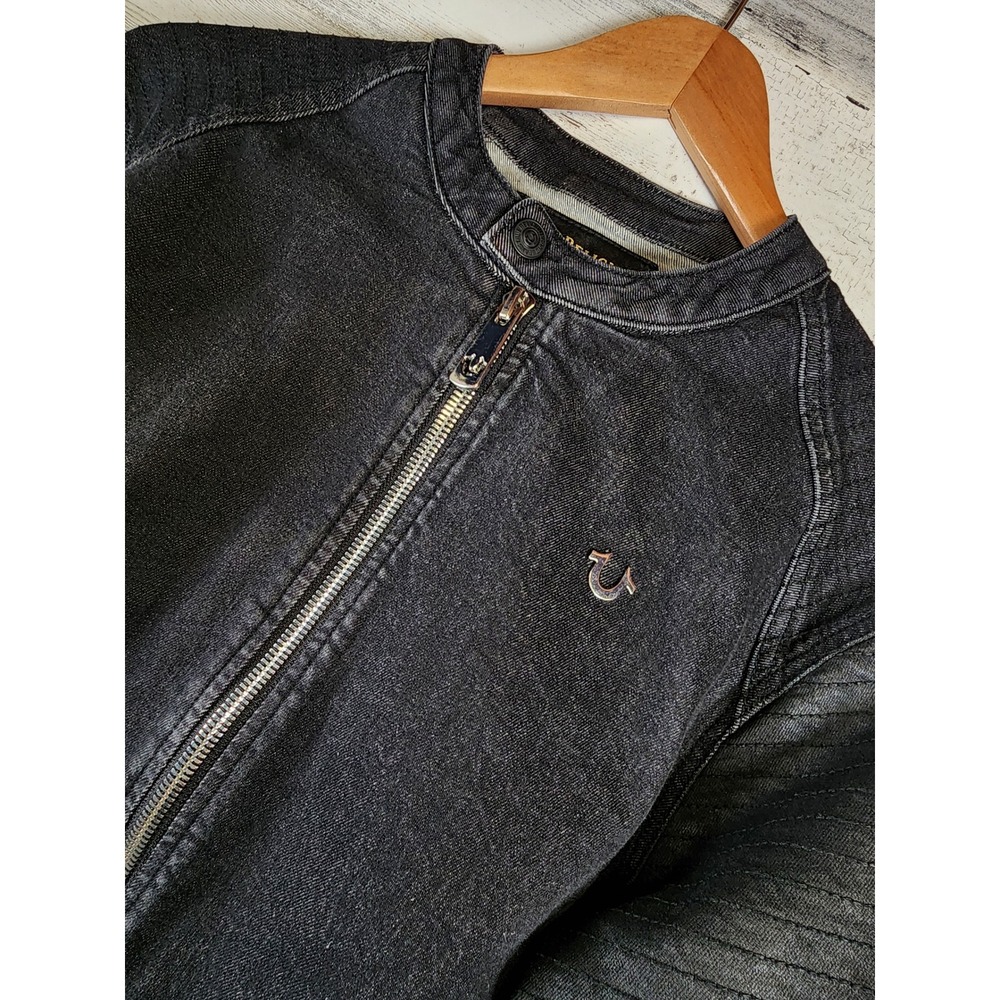 True Religion Bomber Jacket Women Large‎ Black Denim Moto Ribbed Trim Full Zip